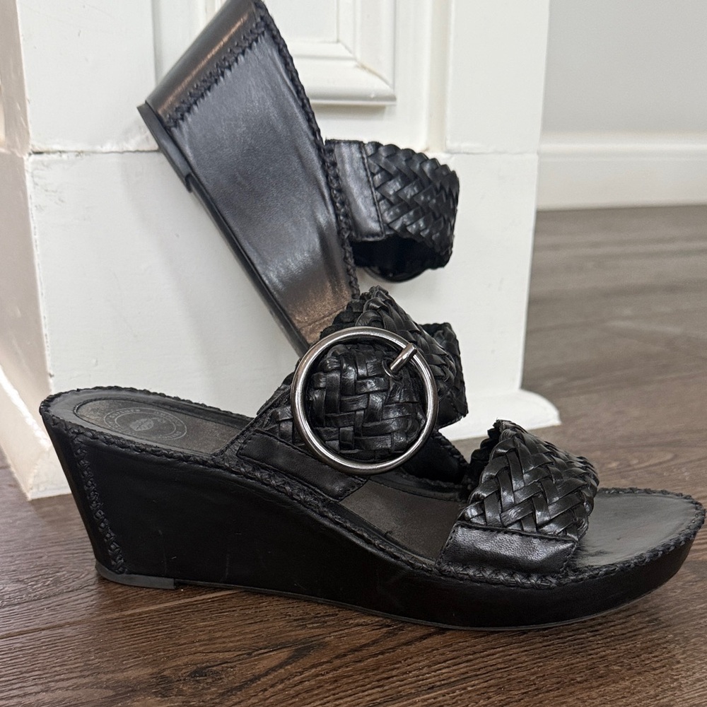 Nurture by Lamaze Black Woven Leather Wedge Sandals with Buckle 8.5